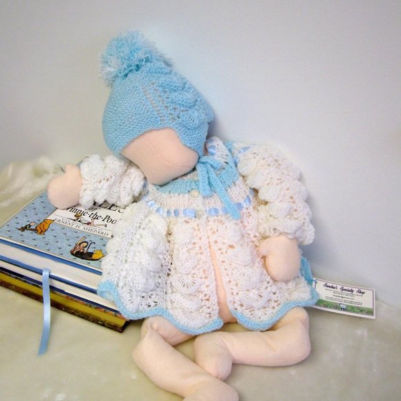 Hand Knit Blue & White Baby Set - Sized 3-6 Months